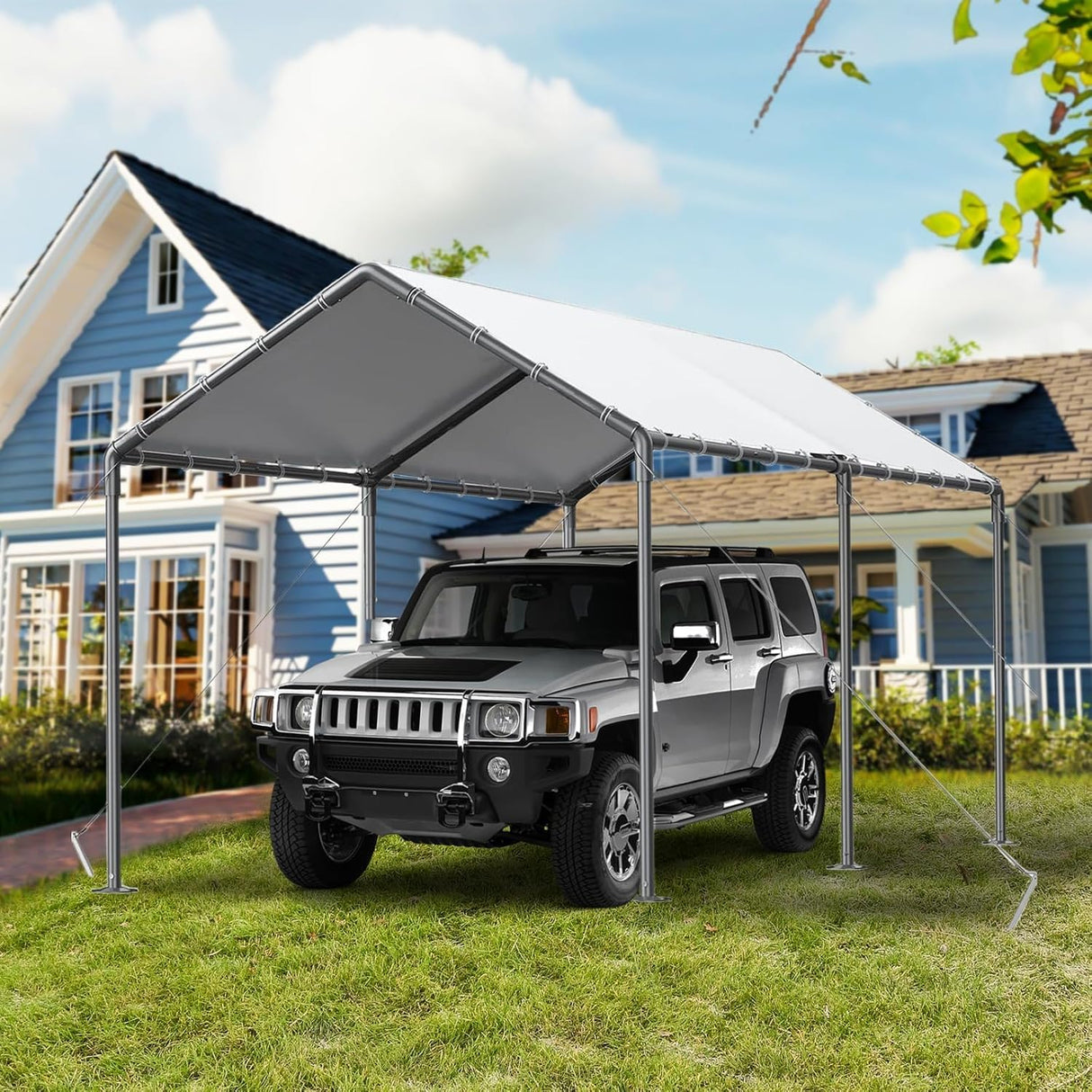 Carport, 10x20ft Heavy Duty Portable Garage, Car Port with Storage Shed, Car Canopy Car Tent with Steel Frame All-Season Tarp for Car, Truck, Boat, Party (B-White) TANGJEAMER