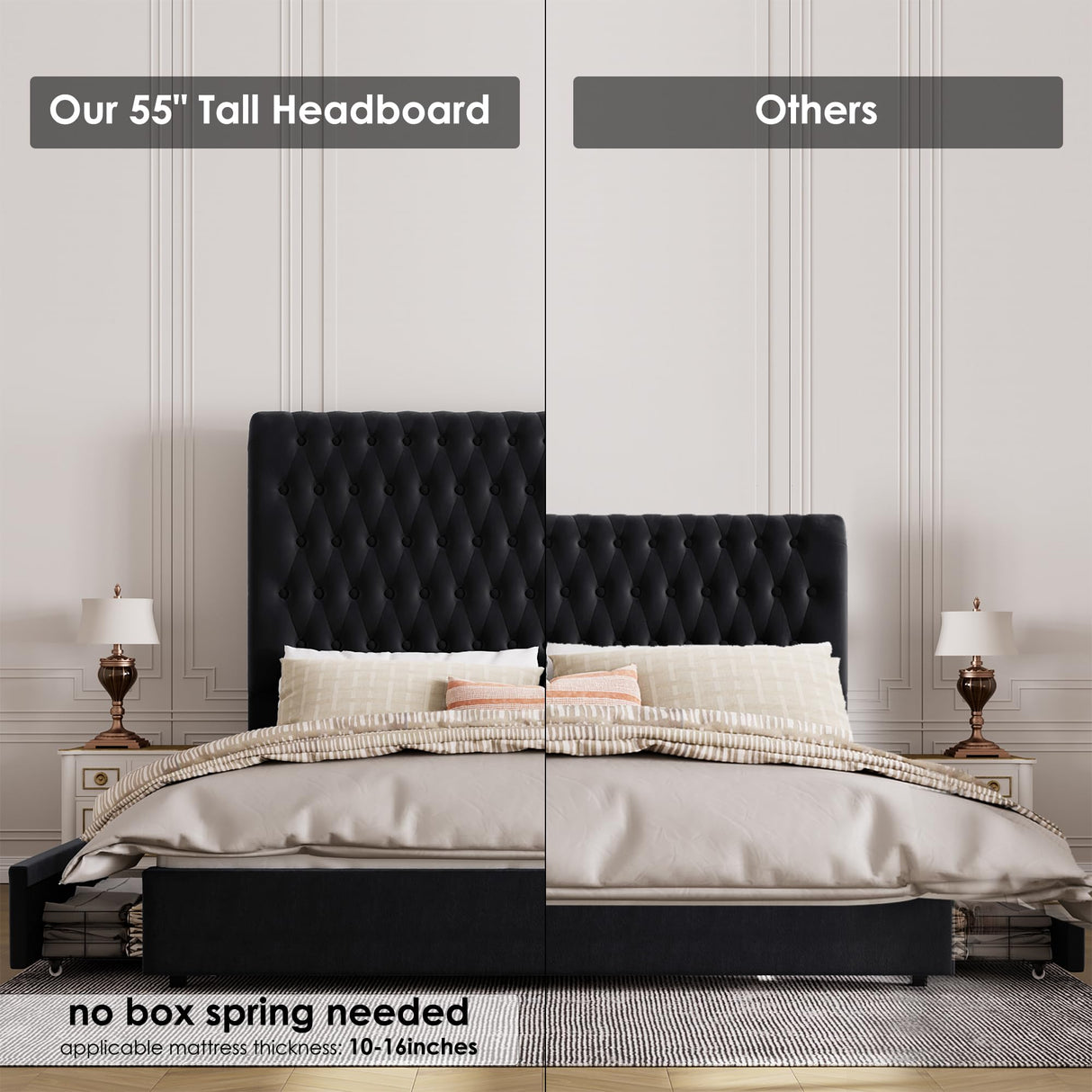 King Size Bed Frame 55" Tall Headboard with Gorgeous Button Tufted and Nail, Velvet Fabric Upholstered Bed Frame includes 4 Under-bed Storage Drawers, Wooden Slats, Noise-Free, Easy Assembly, Black Keyluv