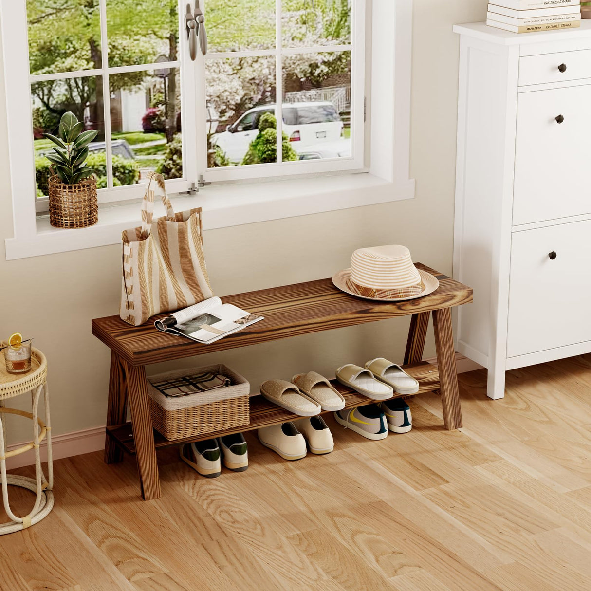 Oenalw 43.3" Farmhouse Bench, End of Bed Bench,Solid Wood Entryway Bench, Indoor Bench, Rustic Wood Bench Seat for Indoor,Entryway, Dining Room, Living Room, Hallway, end Bed and Front Door Oenalw