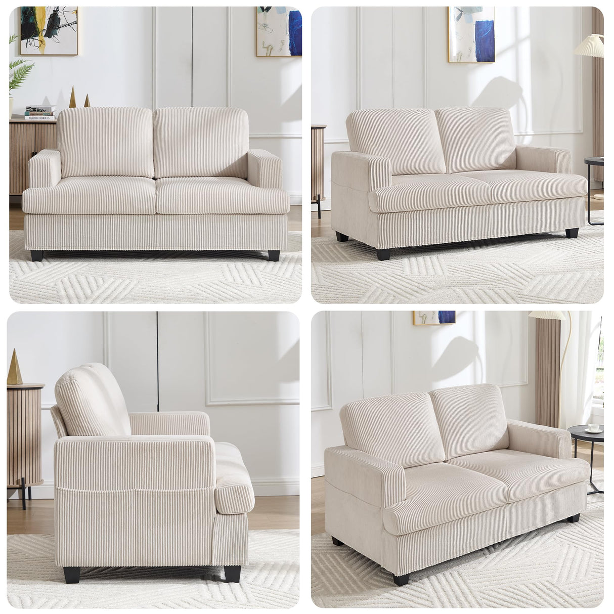 HOMYKA Loveseat Sofa, 60" Corduroy Couch with Side Pocket, Removable Pillow and Cushion Cover 2 seat Couches, Comfy Modern Small Couch for Living Room, Small Spaces, Dorms, Office, Beige HOMYKA