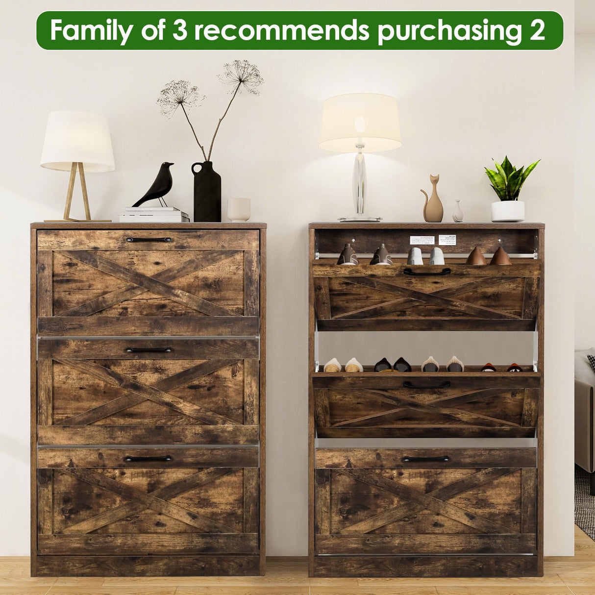 HOPUBUY Shoe Cabinet for Entryway, Shoe Storage Cabinet with 3 Flip Drawers, Narrow Shoe Rack for Front Door Entrance, Rustic Brown HOPUBUY