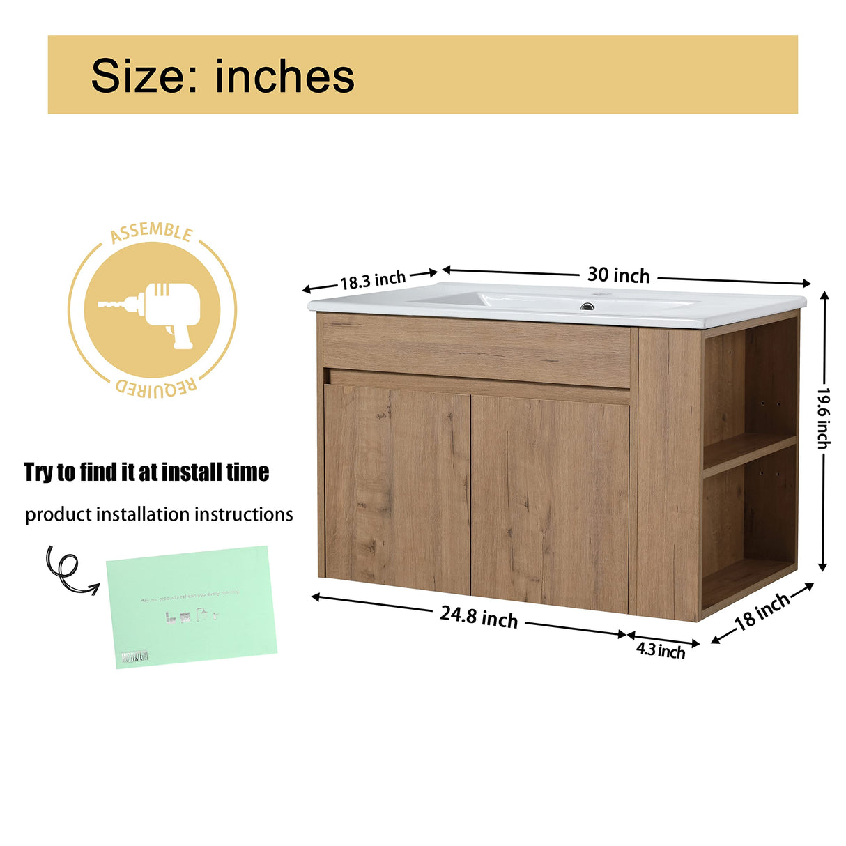 Malwee 30" Floating Bathroom Vanity with Sink, 30 Inch Single Sink Wall Mounted Bathroom Vanity, with 2 Doors and White Ceramic Basin Sink Top (027-30) Malwee