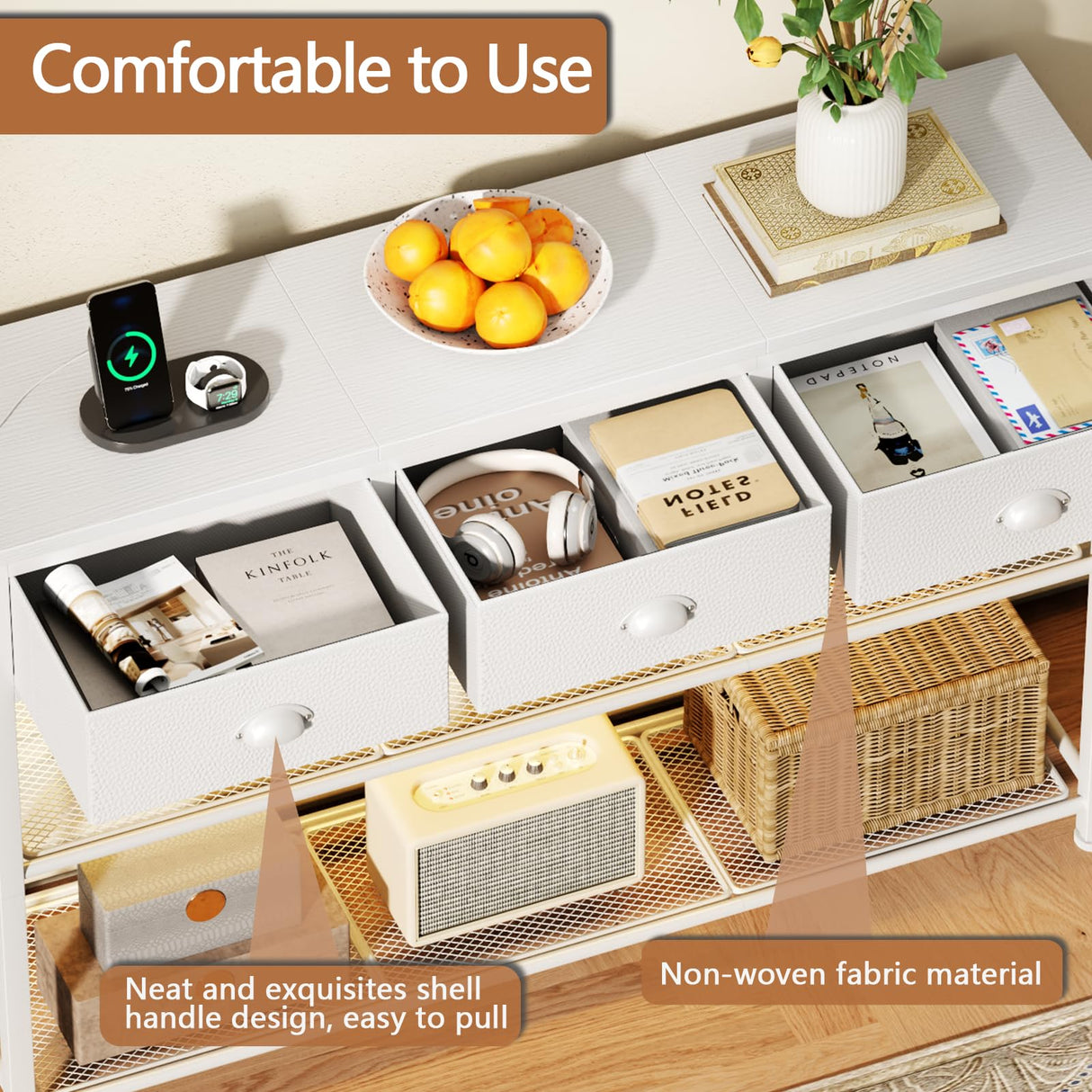 Furologee 38in Console Table with 3 Drawers, Small Sofa Table with Lights and Power Outlets, Hallway Tables with 3-Tier Shelves, White Narrow Console Table for Entryway, Living Room, Couch, Foyer Furologee