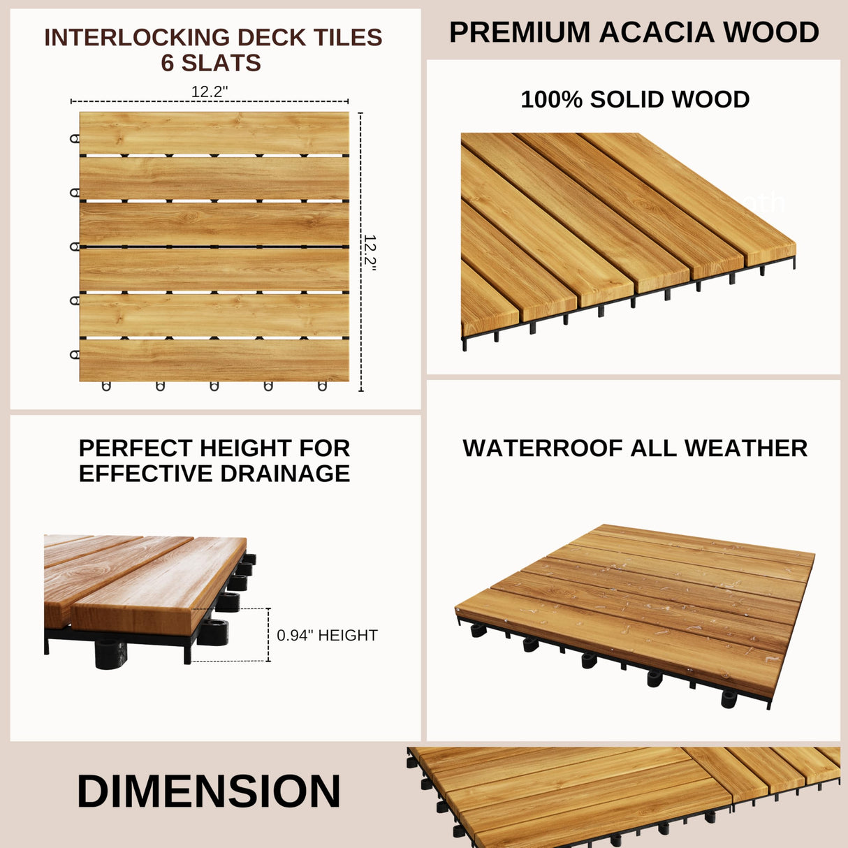 9 PCS Interlocking Deck Tiles 12" x 12" - Premium Acacia Wood Patio Tiles Waterproof - Deck Tiles Interlocking All Weather Waterproof Flooring - Easy Installation for Indoor & Outdoor (Golden Steak) J CLOVER