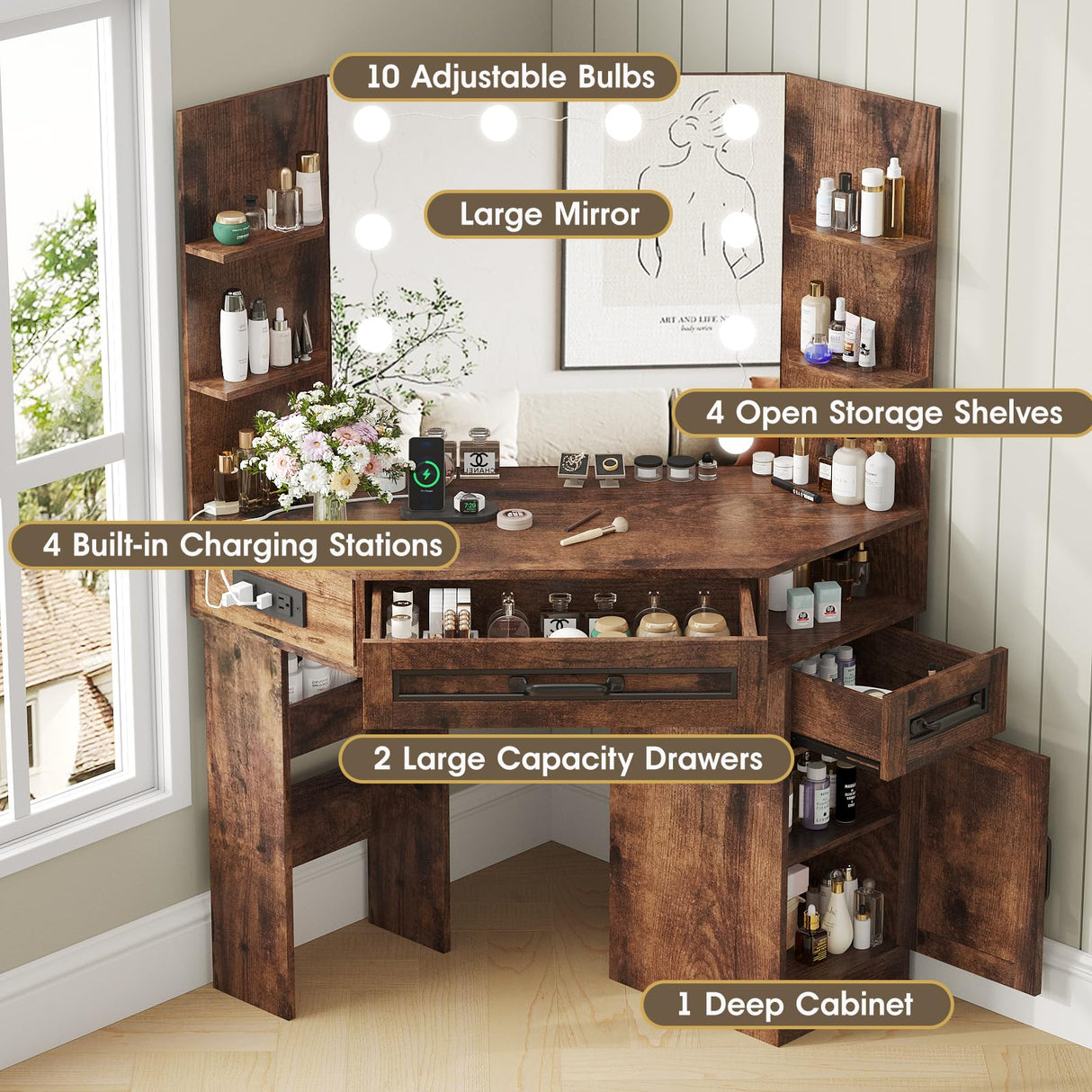 Maupvit Makeup Vanity Desk, Corner Vanity Desk with Mirror and Lights, Farmhouse Vanity Table with 10 Bulbs&4 Charging Stations, Makeup Desk with 3 Drawers&Cabinet, 3 Lighting Modes Adjustable, Brown Maupvit