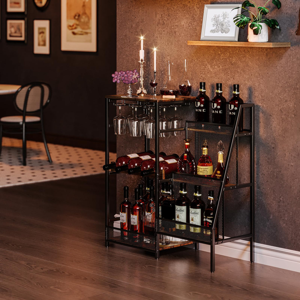Versatile Liquor Stand for Home Bar, Wine Rack Freestanding Floor, Mini Bar Table for Liquor Whiskey Wine, 3-Tier Trapezoidal Liquor Bottle Display Shelf with Glass Holder and Fences(Patent Pending) Hayexiha
