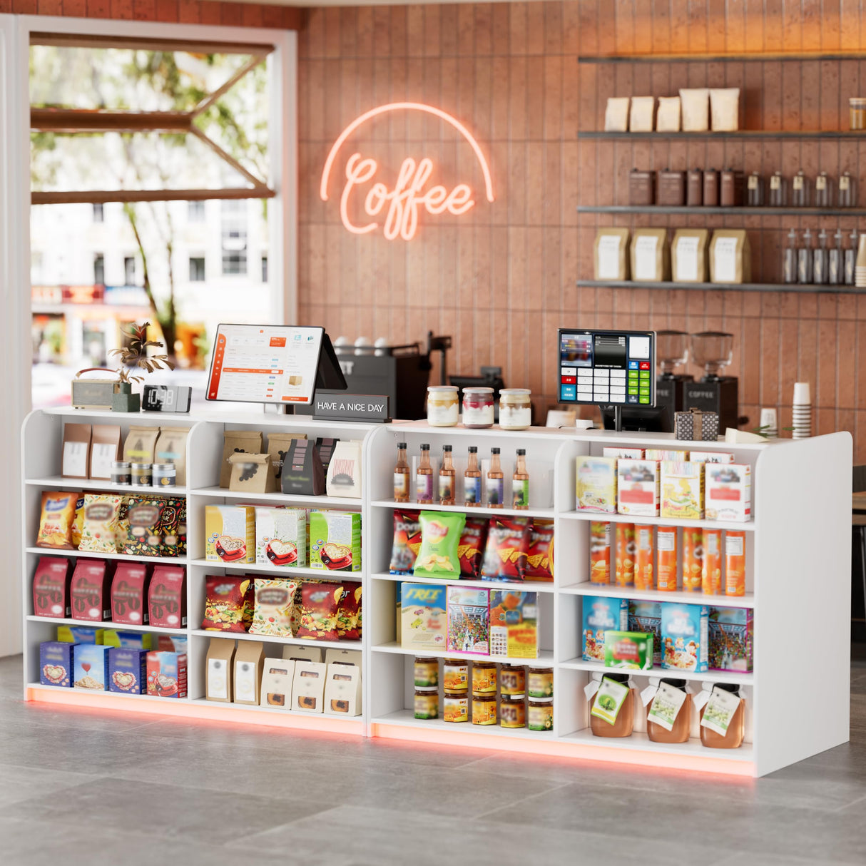 PAKASEPT Reception Desk with Counter for Retail & Checkout,Modern Front Reception Counter with LED Lights,Drawers & Open Shelves,Retail Counter with Storage for Countertop,Beauty Salon,Shop,Bar,White PAKASEPT