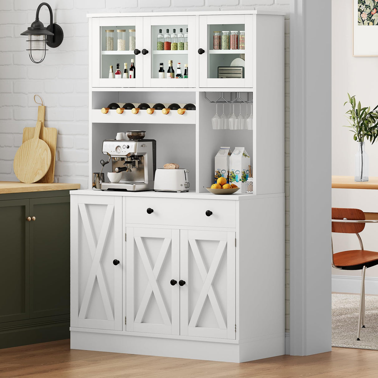YITAHOME 71''H Kitchen Pantry Cabinet, Tall Cabinet with Drawer, Doors, Goblet Holder, Wine Rack & Power Outlet for Kitchen, Living Room (White) YITAHOME