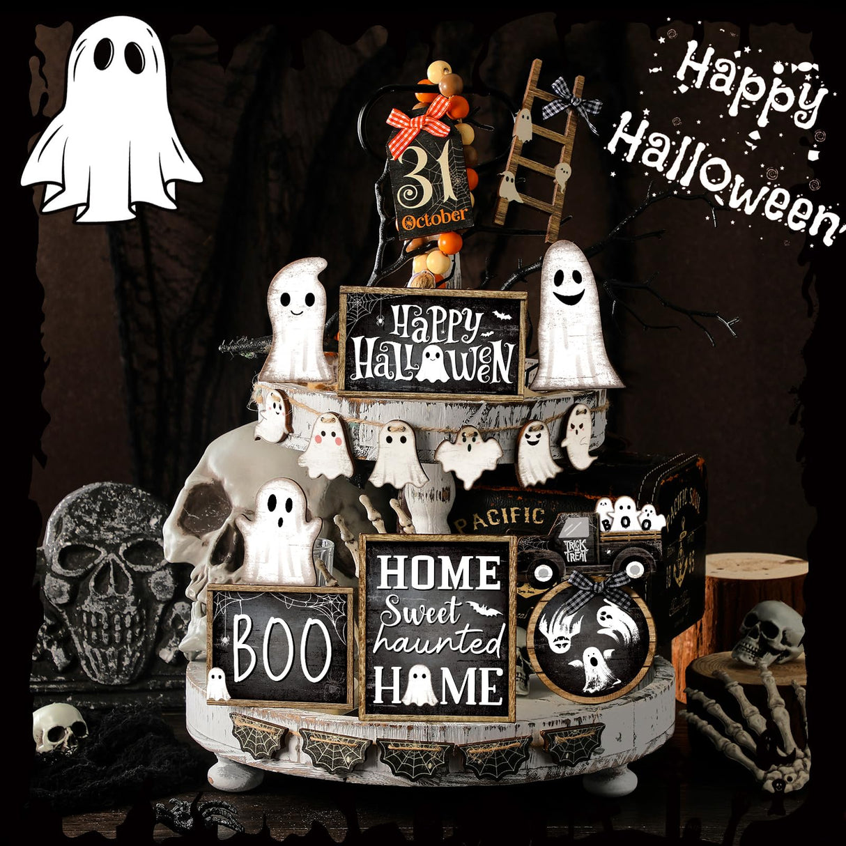 MiniInflat 21 Pcs Halloween Tiered Tray Decor Set Happy Halloween Wooden Signs Rustic Table Centerpieces Farmhouse Tiered Tray Decor for Halloween Home Table Kitchen, Tray Not Included(Ghost) MiniInflat