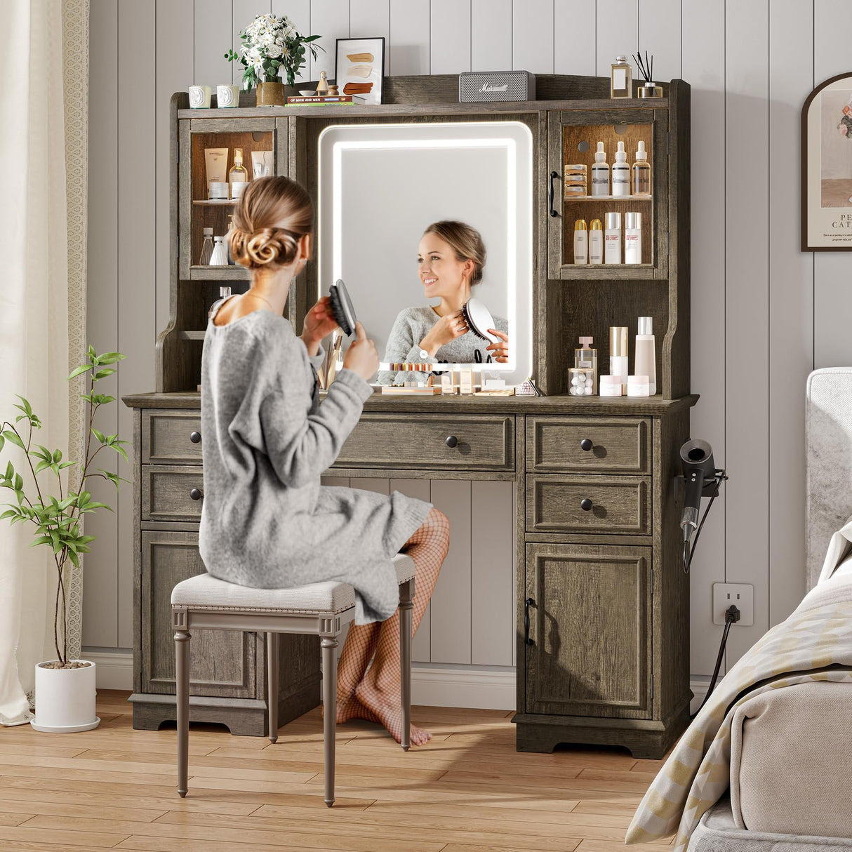 EnHomee Farmhouse Vanity Desk with LED Lighted Mirror, Makeup Vanity Table with RGB Cabinets and Lots Storage, 5 Drawers and 6 Storage Shelves for Bedroom and Dressing Room, Dark Oak EnHomee