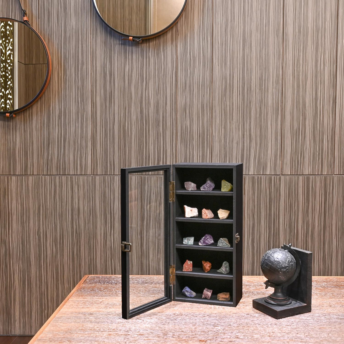 Ikee Design Wall Mounted Wooden Collectible Display Case 5 Shelf Display Storage Accessories with Tempered Glass Door, Black Color Ikee Design