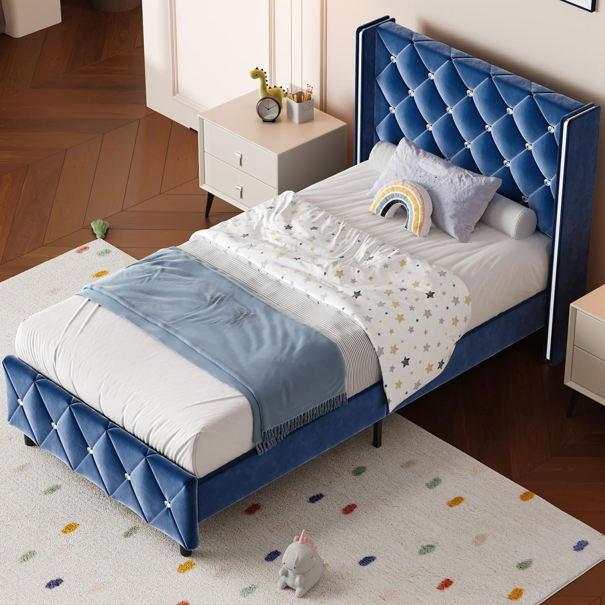 HOMBCK Twin Bed Frames, Upholstered Platform Bed with Diamond Tufted Headboard, Modern Velvet Bed Frame with Wingback Design, No Box Spring Needed, Easy Assembly, Blue HOMBCK