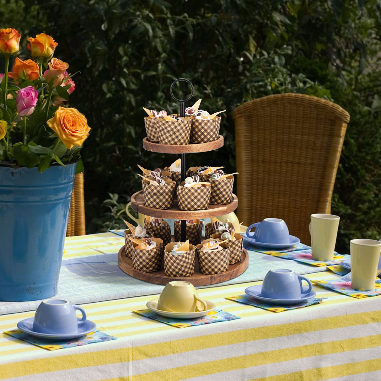3 Tier Cupcake Stand, Wood Tiered Serving Tray Cupcake Tower, Serving Stand Display Dessert Cookie Candy Buffet Holder for Home Tea Party, Wedding, Farmhouse Decor, Tea Party Decor, Kitchen Decor QIELSER
