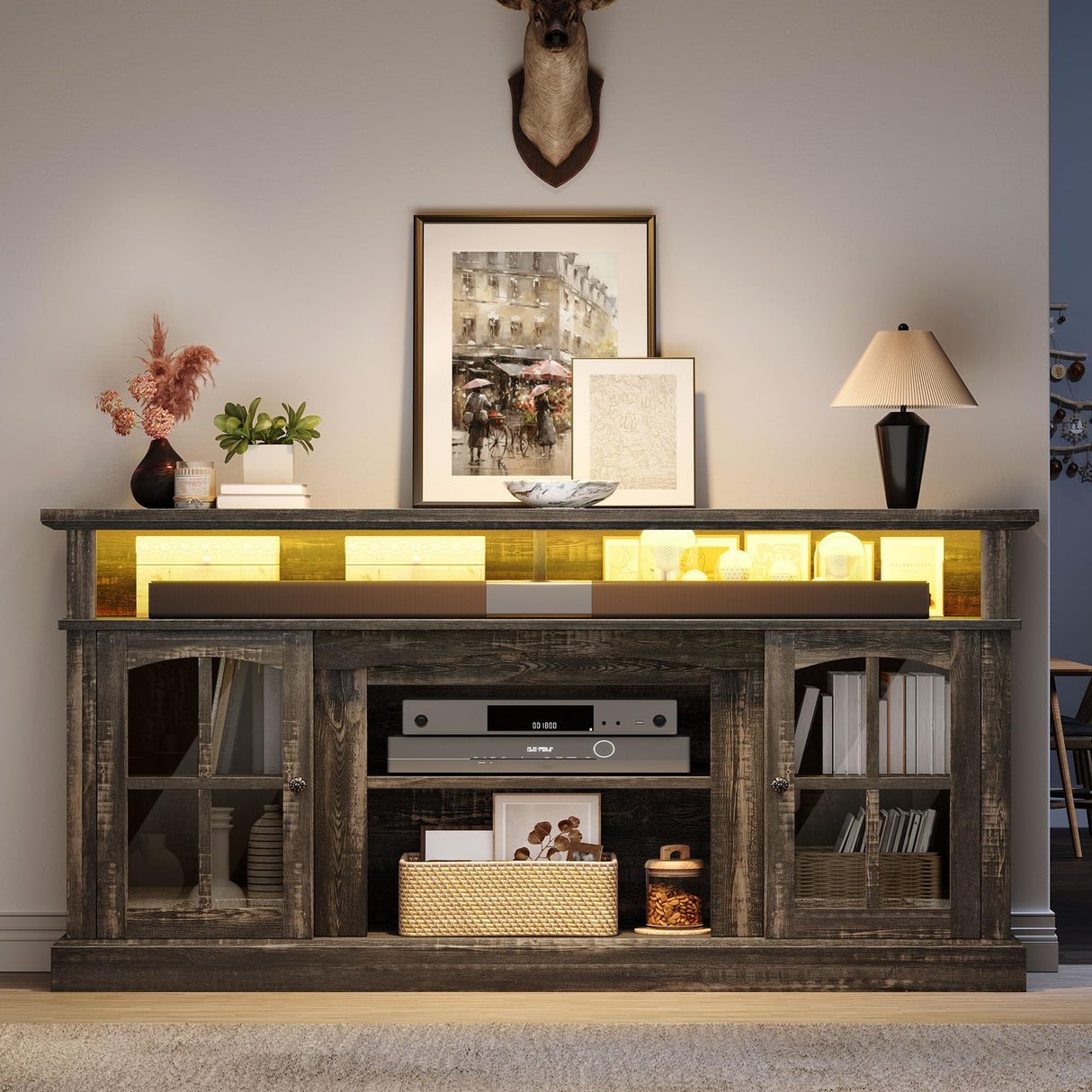 YITAHOME LED Farmhouse TV Stand for 75 Inch w/Outlets, Modern Entertainment Center with Glass Doors and Adjustable Storage Shelves, Media Console TV Cabinet for for Living Room, Dark Rustic Oak YITAHOME