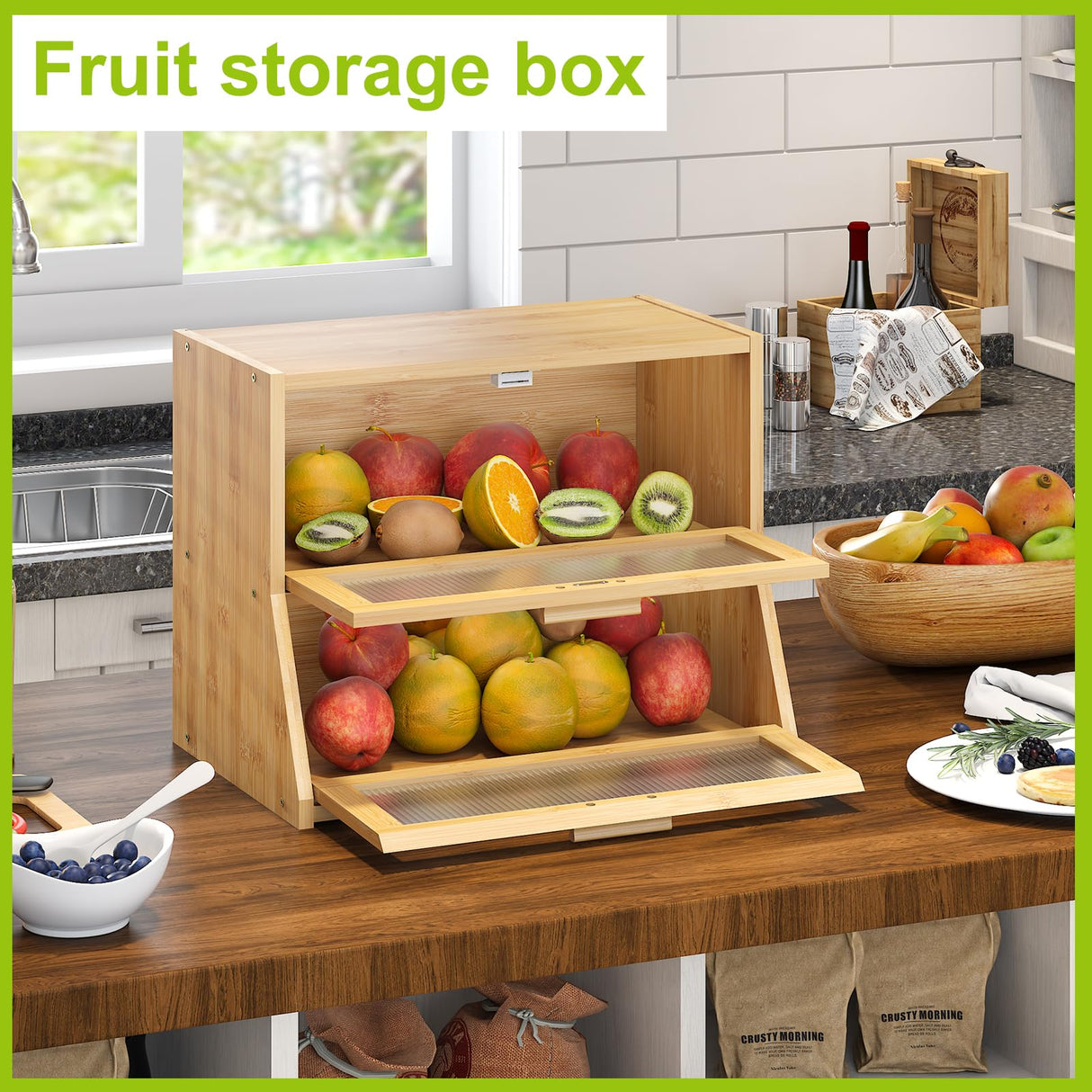 Large Bread Box Double Layer Bamboo Bread Box for Kitchen Counter Container Farmhouse Bread Box Bread Holder Capacity Bread Storage Bin(Natural) BMOSU