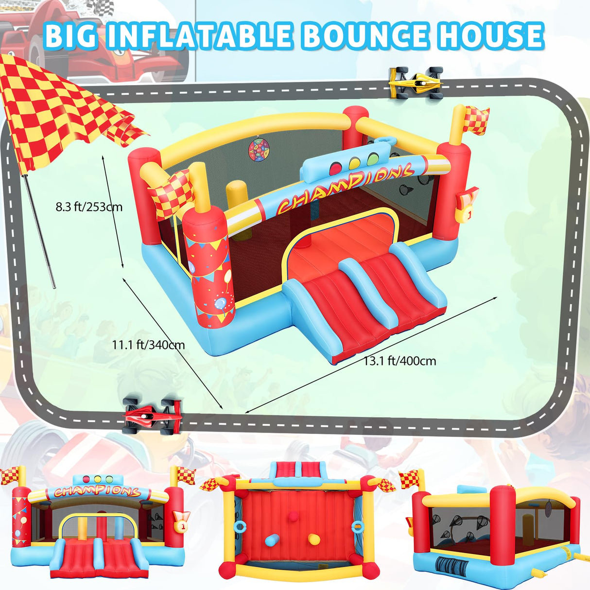 Bounce House for Kids, 13FT Large Inflatable Bounce Castle with Blower Blow Up Jumping Bouncer with Double Slide, Obstacle Poles & Target Toss Game, Champion Race Car Theme AKEYDIY
