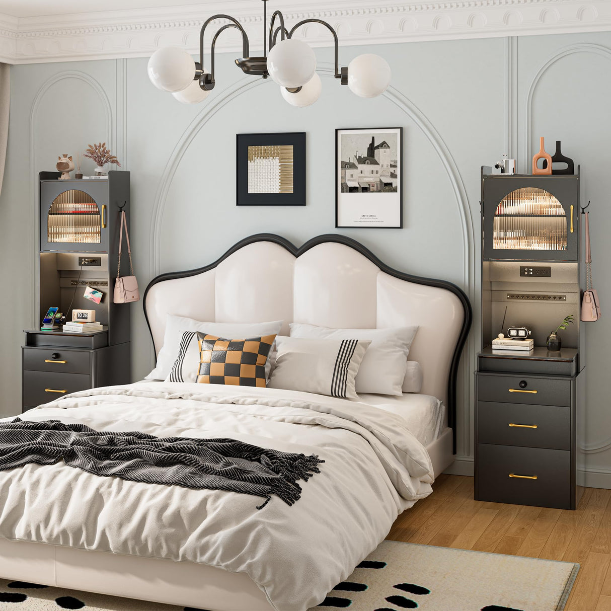 NUNU LAB Small Vanity Desk with Mirror and Lights, 3 in 1 Tall Makeup Vanity Set with Charging Station, Compact Mini Corner Vanity Set Dressing Table for Bedroom Checkroom NUNU LAB