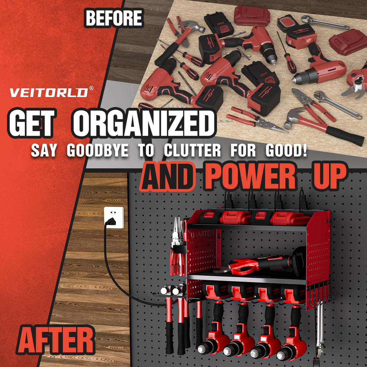Veitorld Power Tool Organizer with Charging Station - 4 Drill Holders - Heavy Duty Modular Wall Mount Rack for Garage, Tool Storage Organizer - Christmas Birthday Gifts for Men Dad Him Husband Veitorld