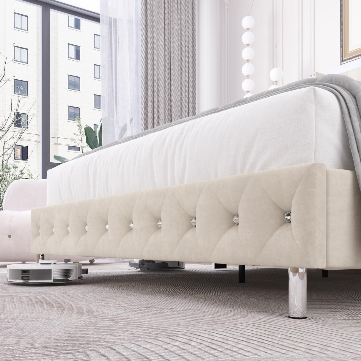 Queen Velvet Upholstered Bed Frame with Wingback Headboard, LED Lights, USB & Type-C Ports, Cream Hlivelood