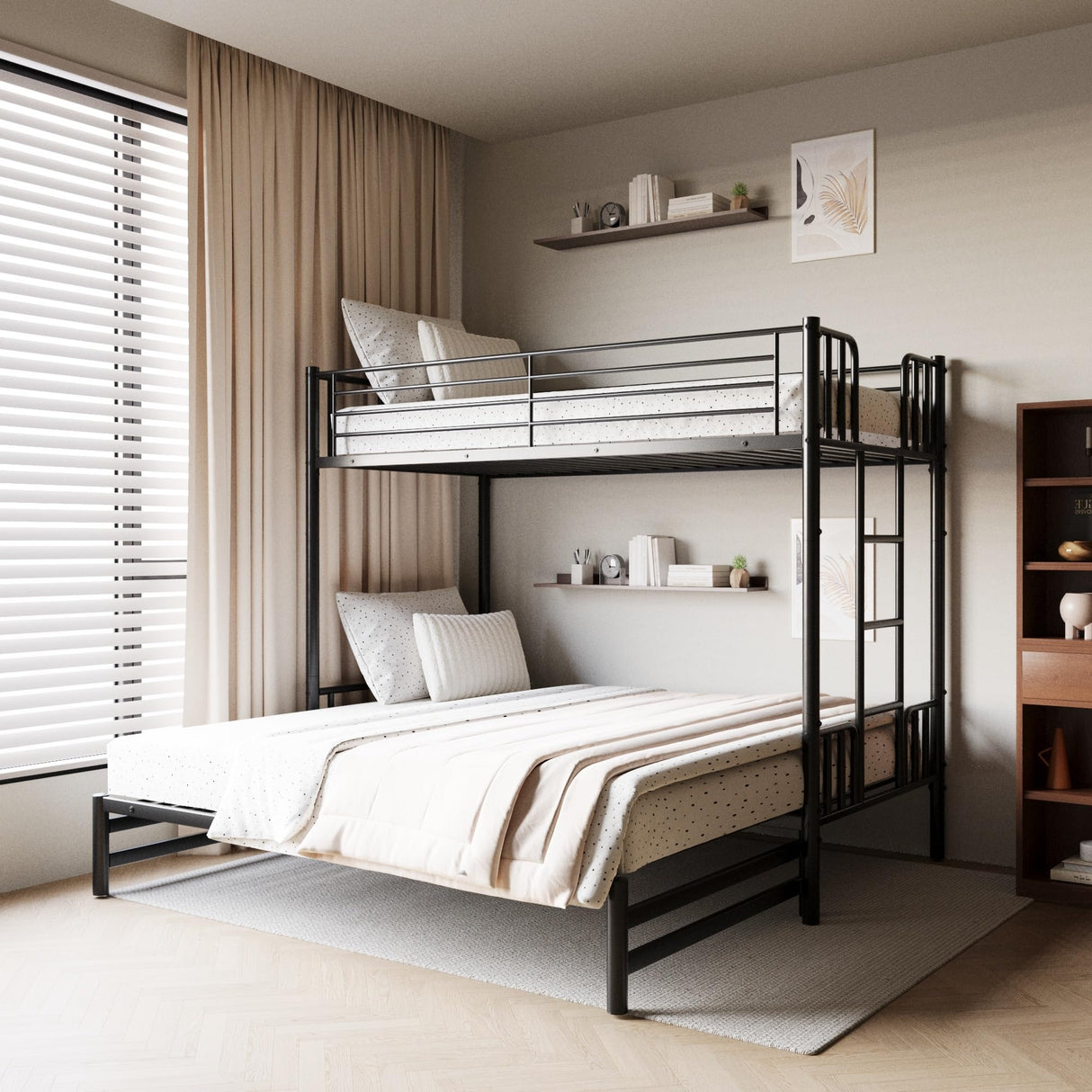 Bellemave Metal Bunk Bed with Trundle, Twin Over Twin Bunk with Pull-Out Trundle and Guardrail and Ladder for Kids/Teenagers, Adults, No Box Spring Needed, Black Bellemave