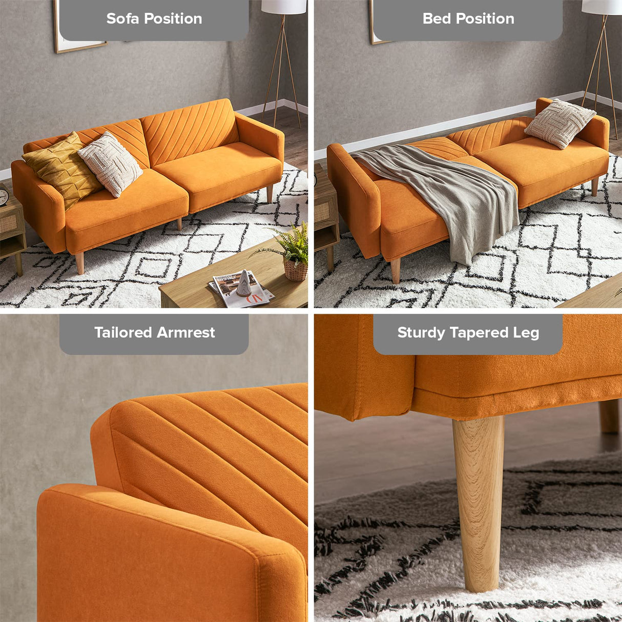 mopio Futon Sofa Bed, Couch, Small Sofa, Sleeper Sofa, Loveseat, Mid Century Modern Futon Couch, Sofa Cama, Couches for Living Room (Apricot Velvet) mopio