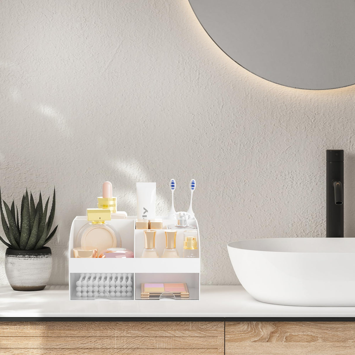 DIRZHX Bathroom Countertop Organizer, Toothbrush Holders for Bathroom, 6 Slots Toothpaste Bath room Counter Sink Organizer with Drawers, Plastic Organizers and Storage for Vanity (White) DIRZHX