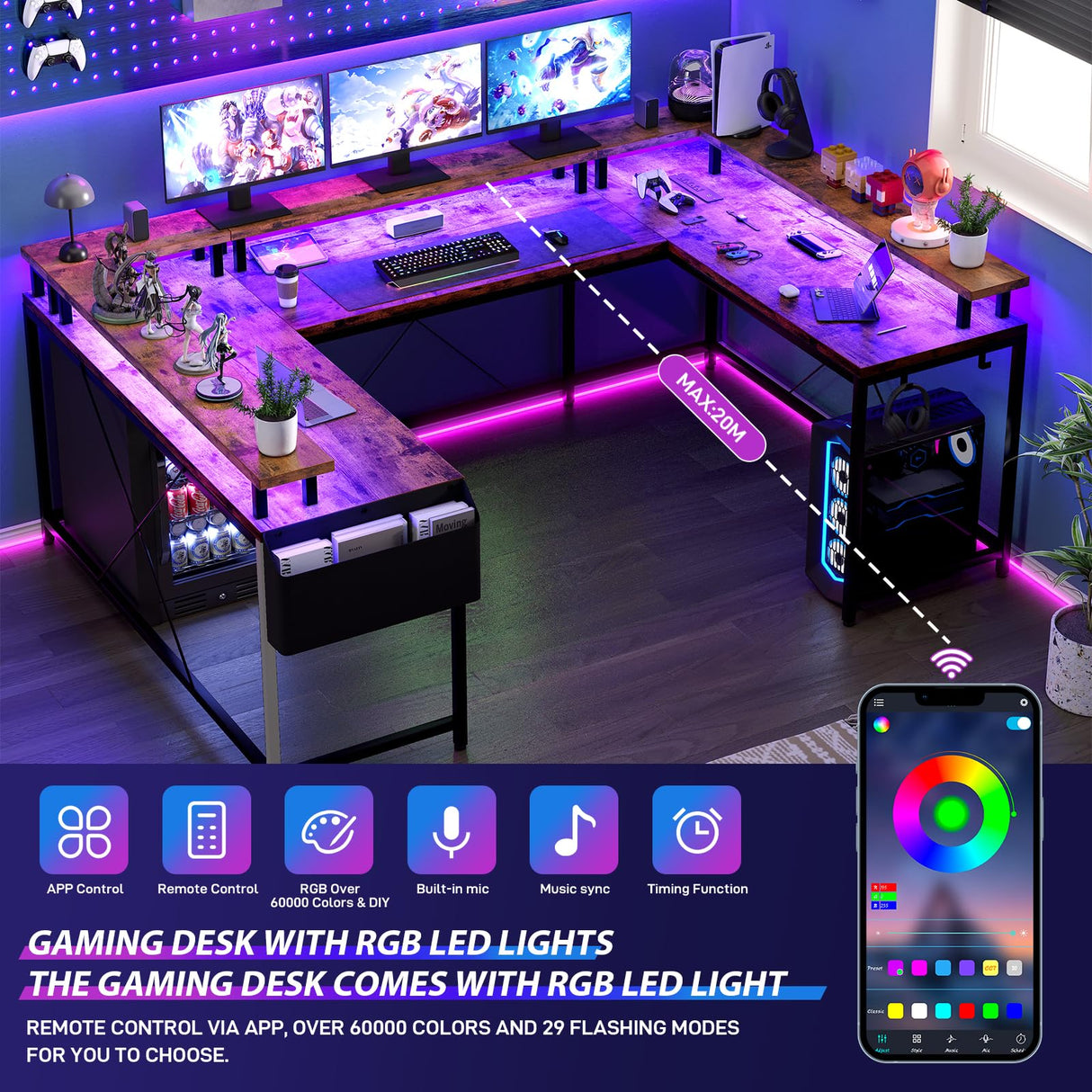 Jojoka U Shaped Computer Gaming Desk, Reversible L Shaped Desk with Power Outlets, LED Strip & Monitor Stand, Large Corner Desk with Storage Shelves for Home Office, Rustic Brown Jojoka