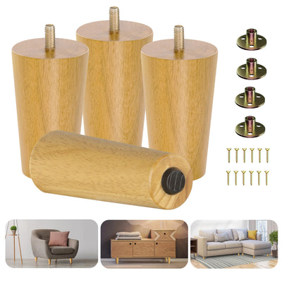 Yes4All 4 Inches Round Natural Solid Wood Furniture Legs Set of 4, Heavy Duty 800 Lbs Capacity Furniture Legs with Leveler, Replacement Legs for Furniture, Couch, Sofa, Dresser, Ottoman