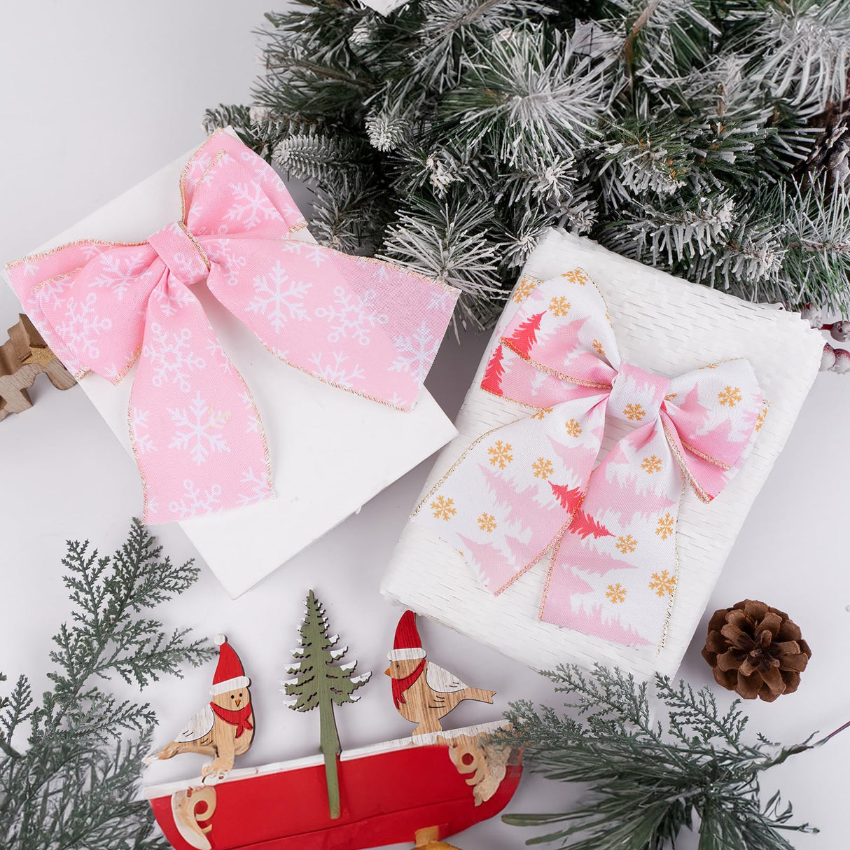 KINGLAKE Christmas Ribbon Wired 2.5 Inch Pink Christmas Wired Edge Ribbon,30 Yards Christmas Tree Ribbon Santa Snowflake Candy Cane Plaid Ribbon for Bow Wreaths Gift Wrapping Xmas Decorations Crafts KINGLAKE