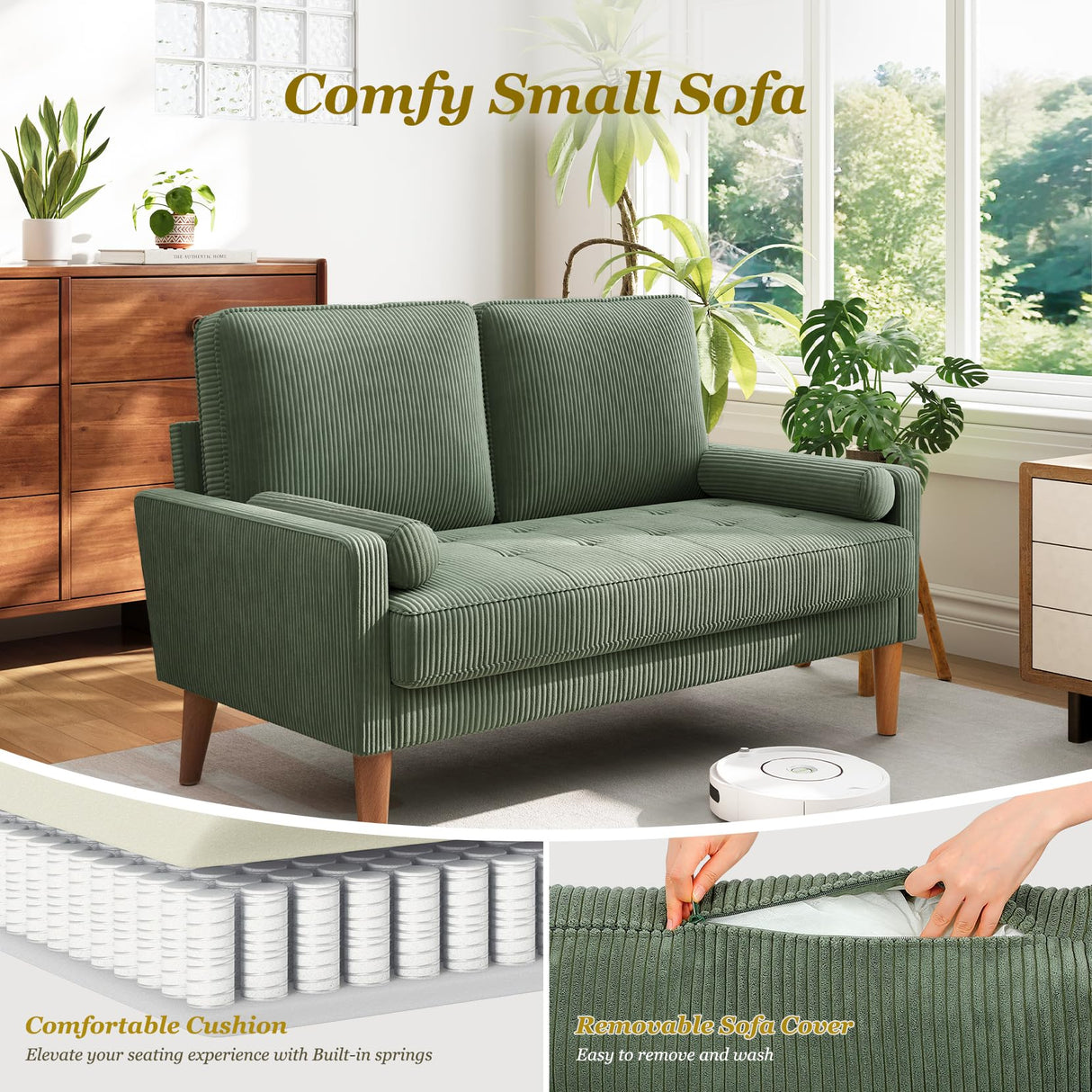 Loveseat Sofa with Solid Wood Legs,48" Small Corduroy Couches for Small Spaces, Mid Century Modern Love Seat for Living Room, Bedroom, Easy Assembly with Throw Pillow, Green Vesgantti