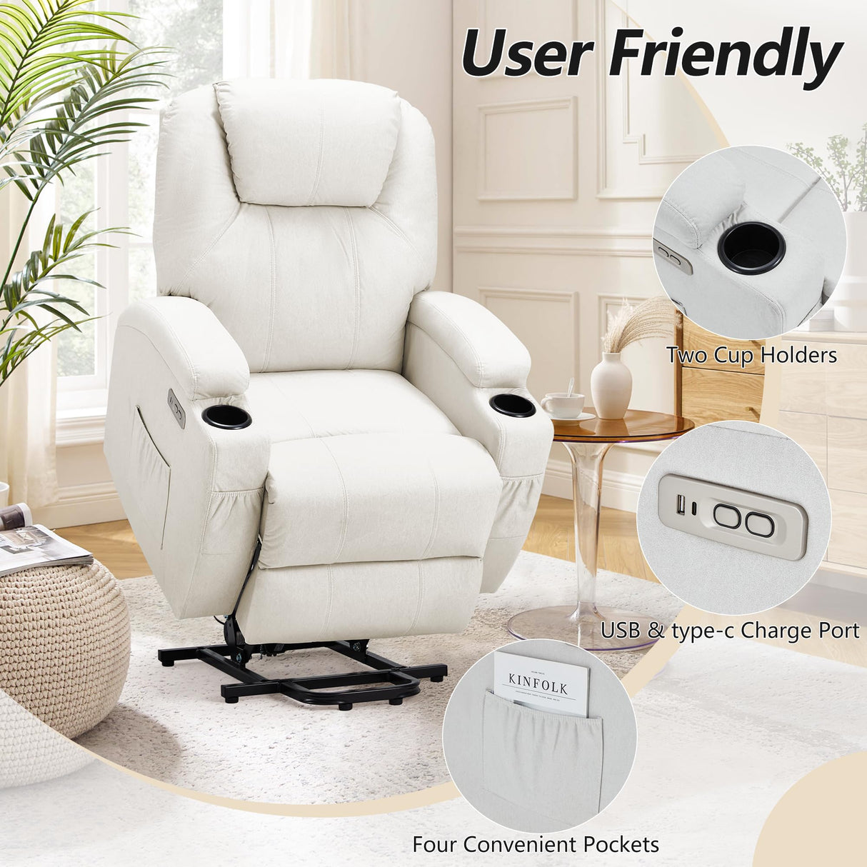 Esright Power Lift Recliner Chair for Elderly, Electric Lift Chair Sofa with Side Pockets, USB & Type-C Ports, Cup Holders, Beige, Fabric Esright