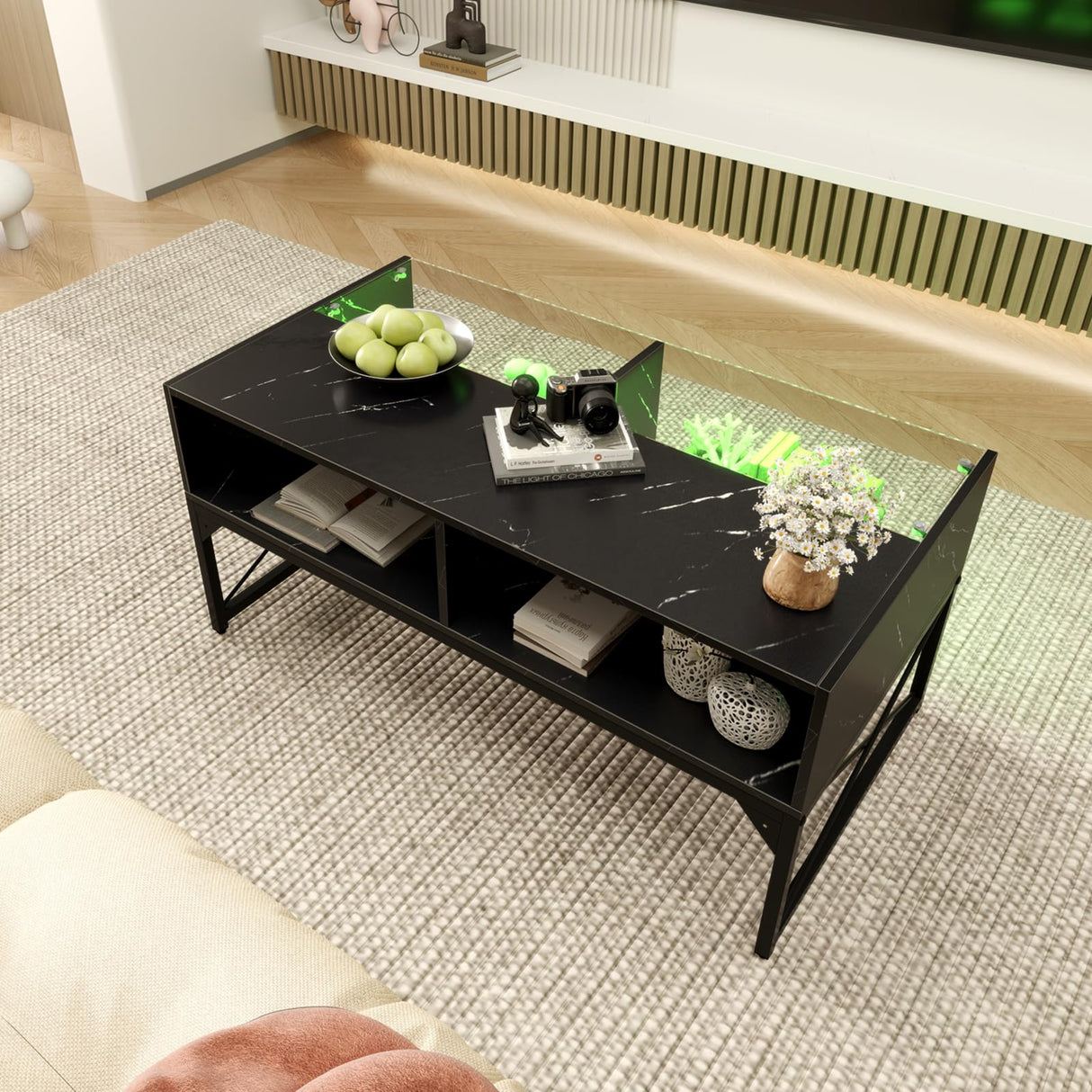Tangkula LED Coffee Table, High Glossy Center Table with 4 Storage Cubes, Faux Marble & Tempered Glass Top, Adjustable Light Colors, Remote Control, Modern Cocktail Table for Living Room (Black) Tangkula