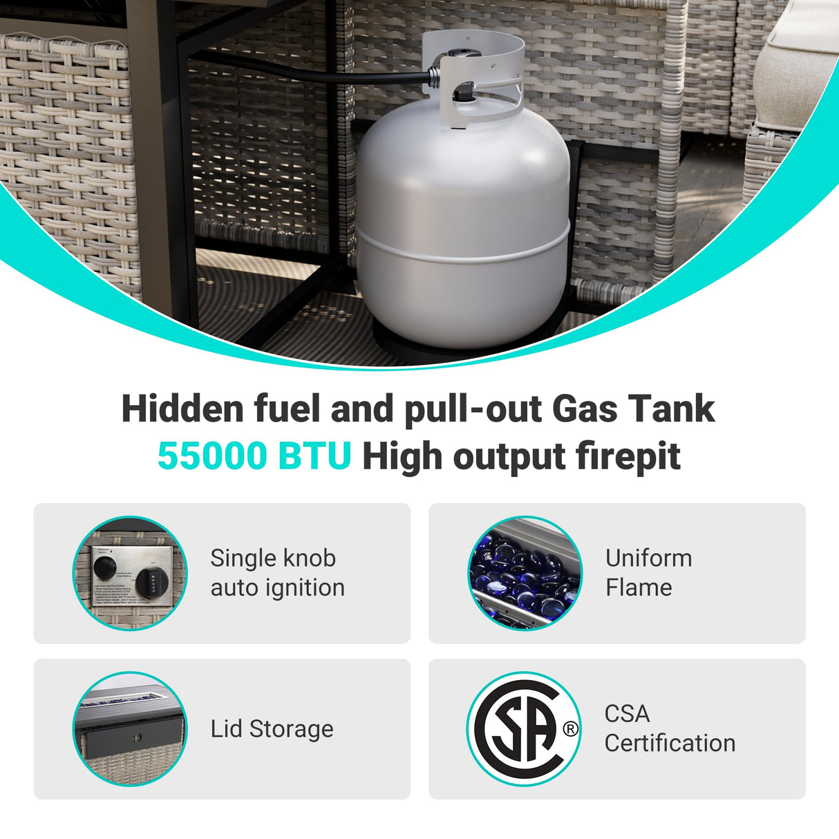 Muphyers 10-Piece Outdoor Patio Furniture Set with Rocking Swivel Chair, PE Wicker Rattan Sectional Sofa Patio Conversation Set with 55,000 BTU Fire Pit Table & Coffee Table, White Muphyers