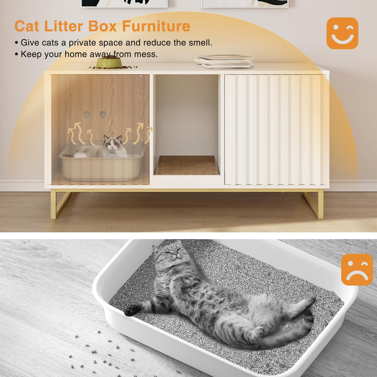 Cat Litter Box Enclosure for 2 Cats, 47.6’’ Litter Box Furniture Hidden with Scratch Pad, Double Room Large Cat Cabinet, Indoor Pet House TV Stand Side Table,Cats Washroom, White Halitaa