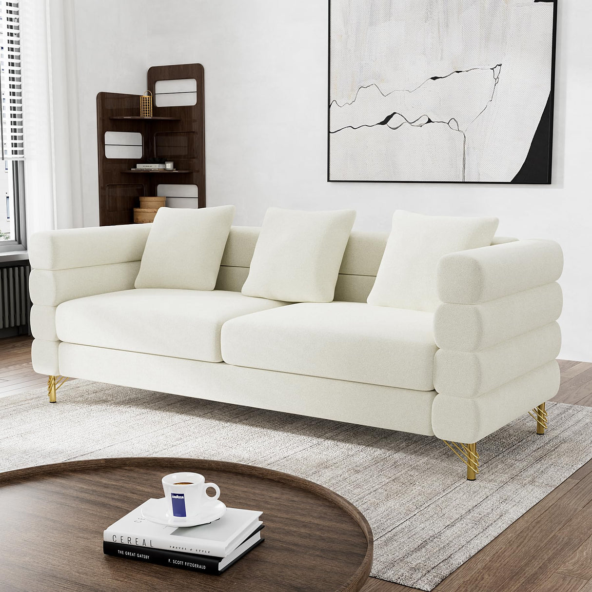 OUYESSIR Cloud Sofa Couch for Living Room, 79" Comfy Deep Seat Velvet Sofa with 3 Pillows and Gold Legs, Modern Upholstered 3 Seater Large Loveseat for Bedroom Office, White Velvet OUYESSIR