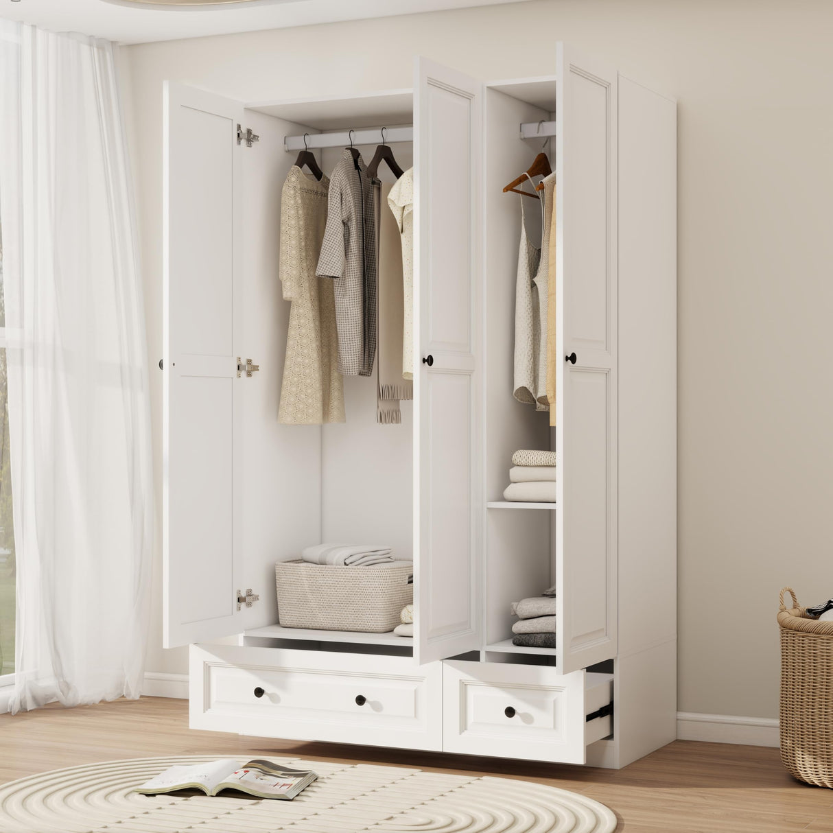 LABROSKIA White 3 Door Wardrobe Closet: Bedroom Armoire Wardrobe Closet with 3 Drawers, Wooden Wardrobe Closet for Hanging Clothes, Wood Cabinet for Clothes and Shelves(White, 47") LABROSKIA