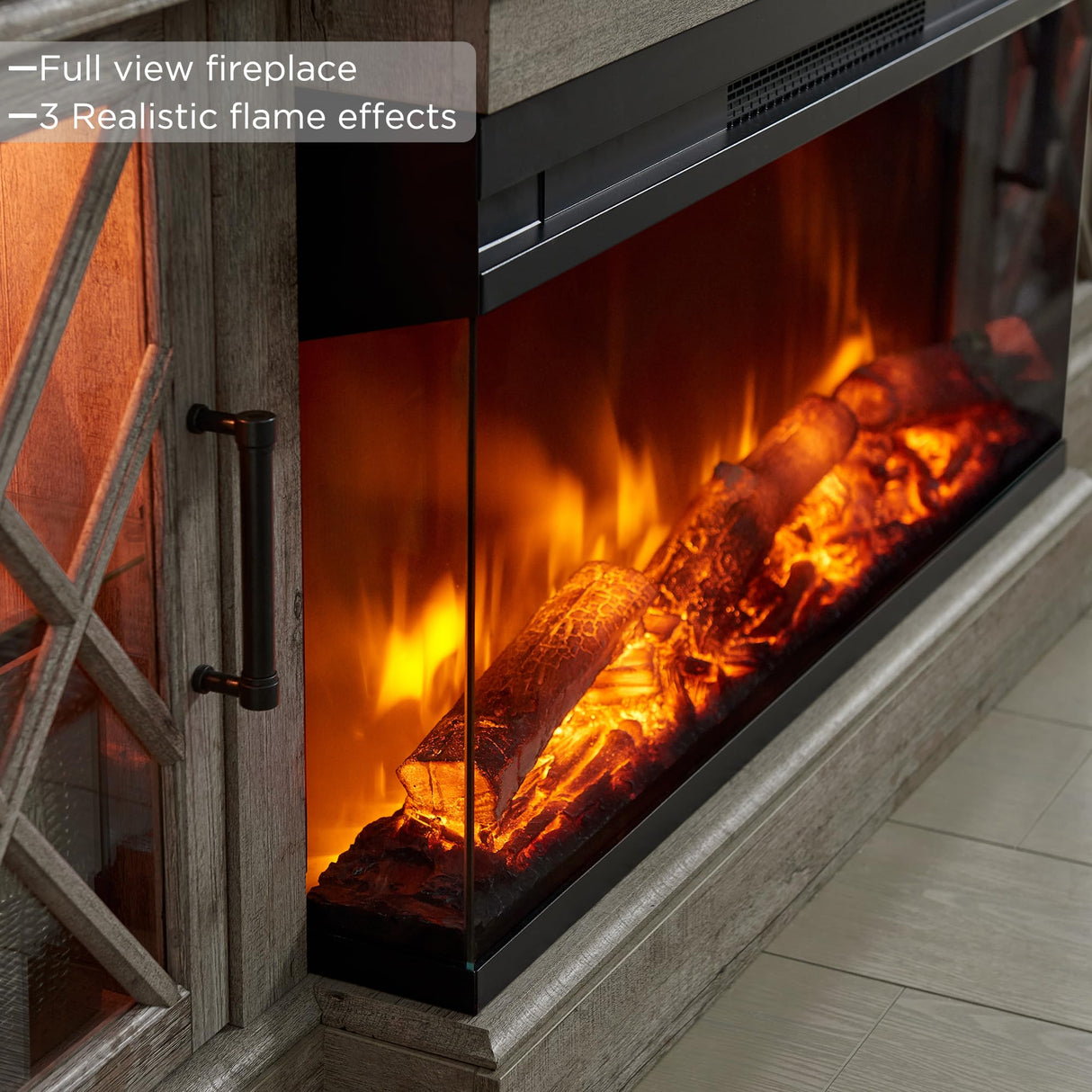 OKD 3-Sided Glass Farmhouse Fireplace TV Stand for TVs up to 80'', Highboy Entertainment Center with Glass Door Storage Cabinet, 70'' Large TV Stands with 36'' Electric Fireplace, Light Rustic Oak OKD