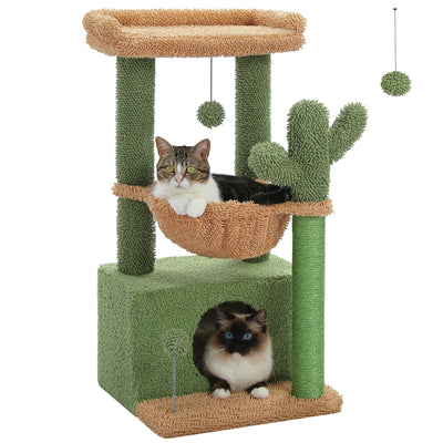 PEQULTI 4-in-1 Cactus Cat Tree, 33'' Cat Tower for Indoor Cats with Large Condo, Cat Scratching Post for Cats with Deep Hammock& Cozy Top Perch,Green