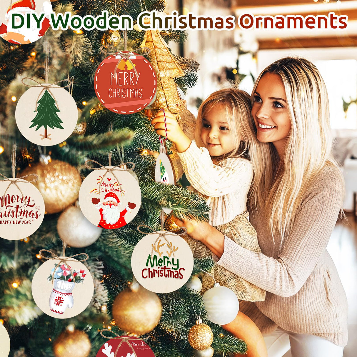 Philorn 50pcs Wooden Ornaments for Crafts 3.5" Unfinished DIY Wooden Christmas Ornaments, Predrilled Wood Slices Circles for Crafts Paint Holiday Hanging Decorations (50pc Rounds) PHILORN