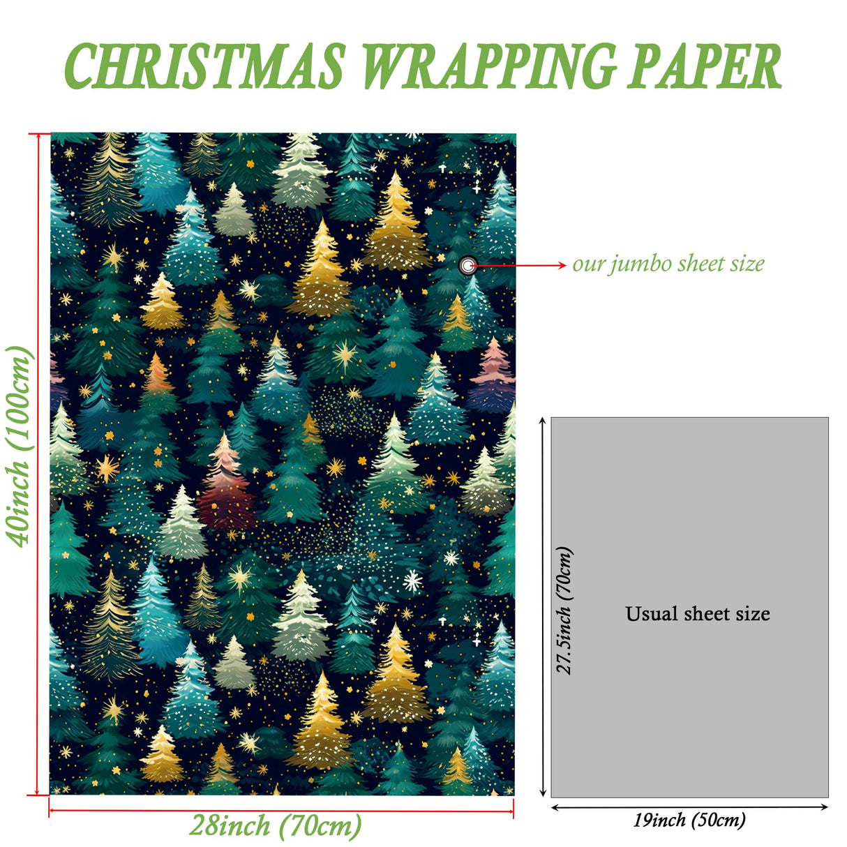 SaringSwoon Christmas Tree Wrapping Paper for Kids Adults - Xmas Wrapping Paper with Starry Night Sky, Christmas Trees and Stars Designs for Winter Holiday - 40×28 Inches, 4 Folded Sheets SaringSwoon