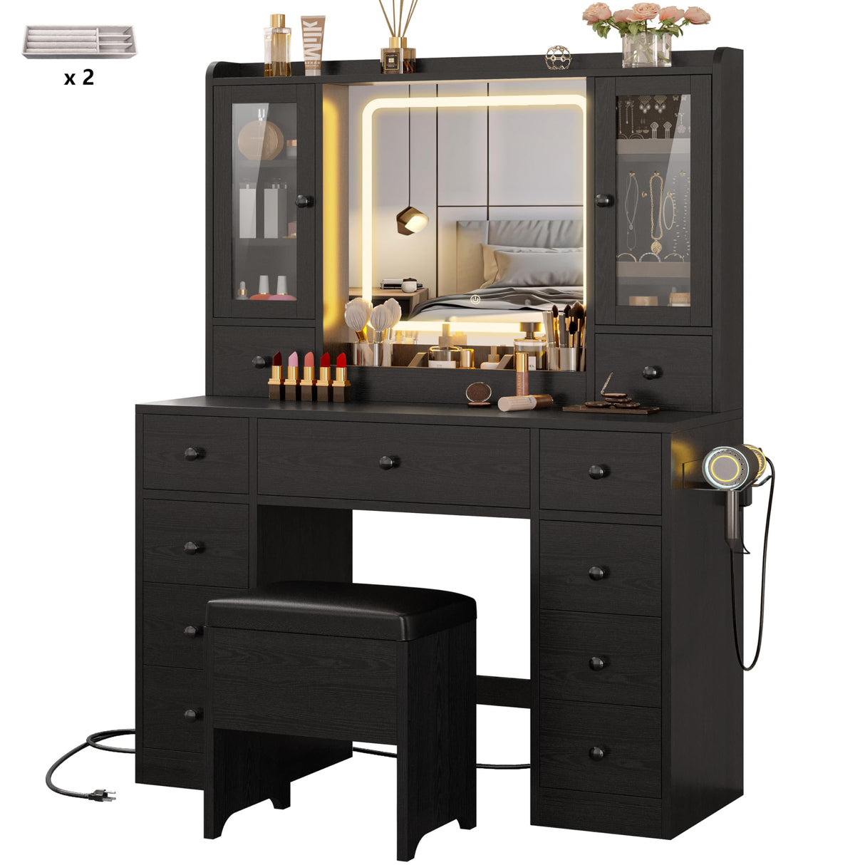 IRONCK Vanity Desk with LED Lights Mirror and Charging Station, Makeup Vanity Table with Jewelry Armoire, Storage Bench, and 11 Drawers,Black IRONCK