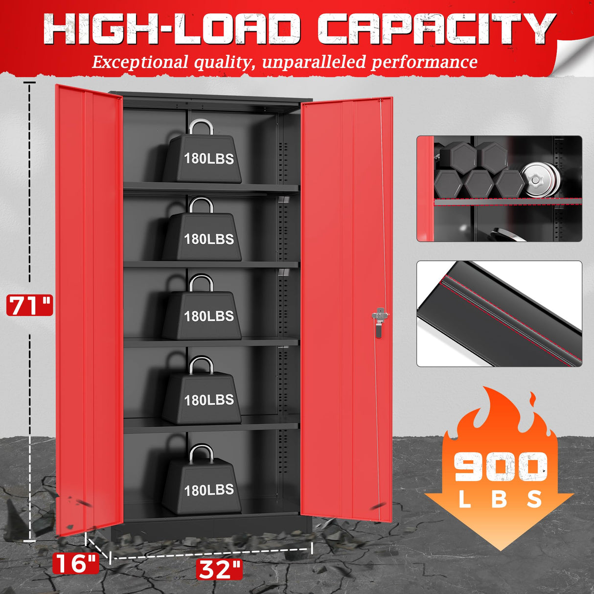 Pataku Metal Storage Cabinet, 71" Garage Cabinet with Doors and Shelves Lockable Steel Multifunctional Cabinet, Tool Cabinet for Garage, File Cabinet for Home, Office, Warehouse(Black Red) Pataku