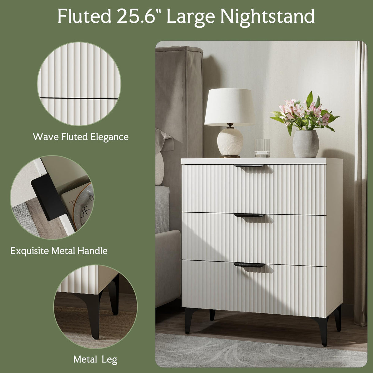 GRAINLLE Wood Night Stand Set Fluted Dresser for Bedroom 3 Drawers End Tables Nightstand, Storage Modern Side Table Natural White Bedside Table GRAINLLE