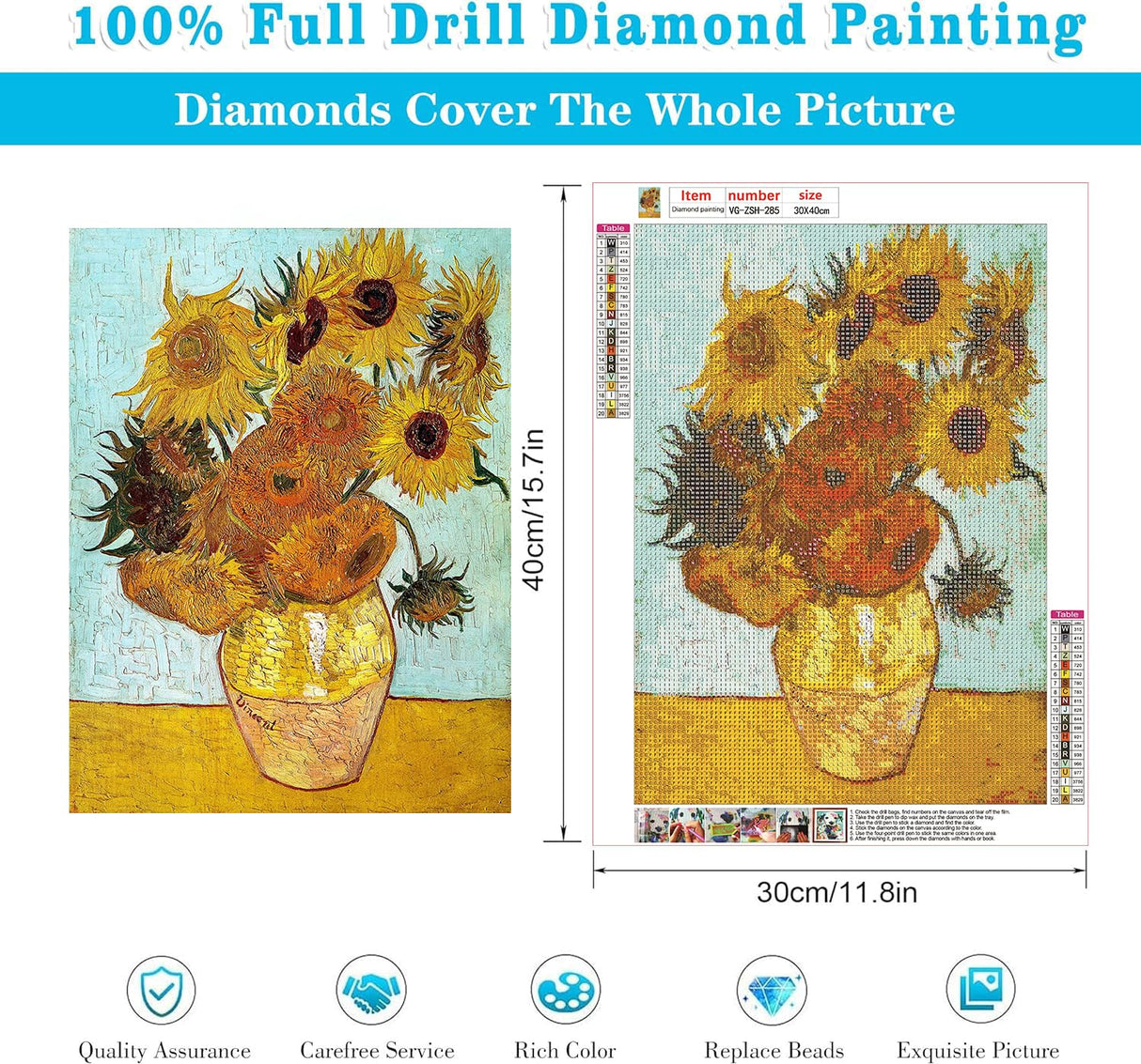 VeGuude Diamond Painting Kits for Adults, Van Gogh Sunflowers Diamond Art for Beginner DIY Round 5D Paint with Diamonds Pictures Gem Full Drill Diamond Dots Crystal for Home Wall Decor Gifts 12x16in VeGuude