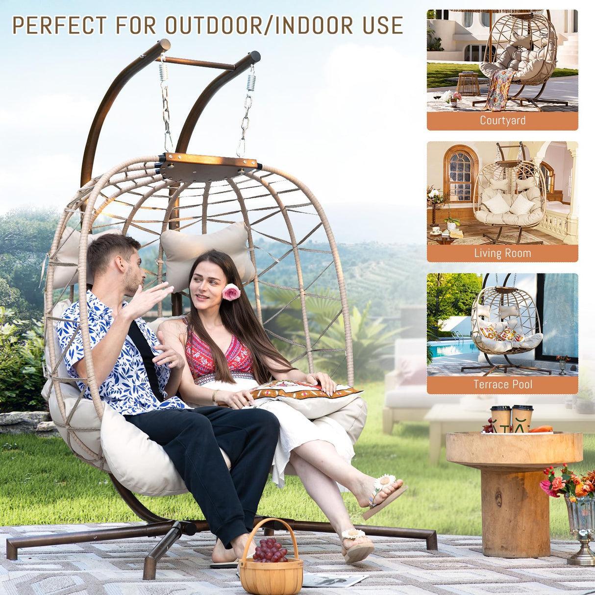 RADIATA Hanging Double Egg Chair with Stand, Oversized 2 Person Swing Egg Chairs Outdoor Indoor, 700Lbs Sturdy Loveseat Wicker Chair with Comfy Thick Cushion for Patio Backyard Balcony Porch, Beige RADIATA