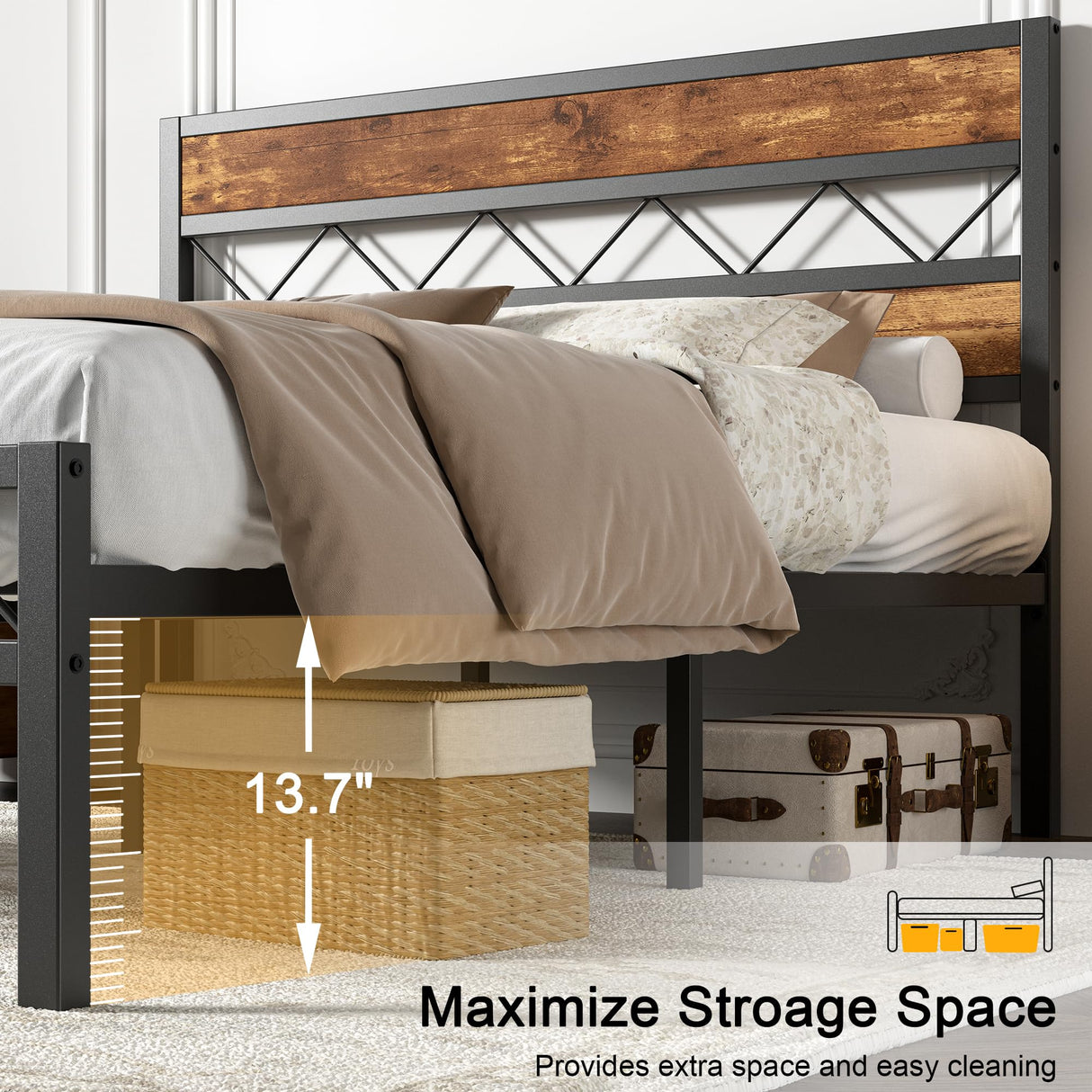 VECELO Full Size Bed Frame with Headboard, Heavy-Duty Platform Bedframe with Metal Slats Support, No Box Spring Needed, Easy Assembly, Black & Brown VECELO