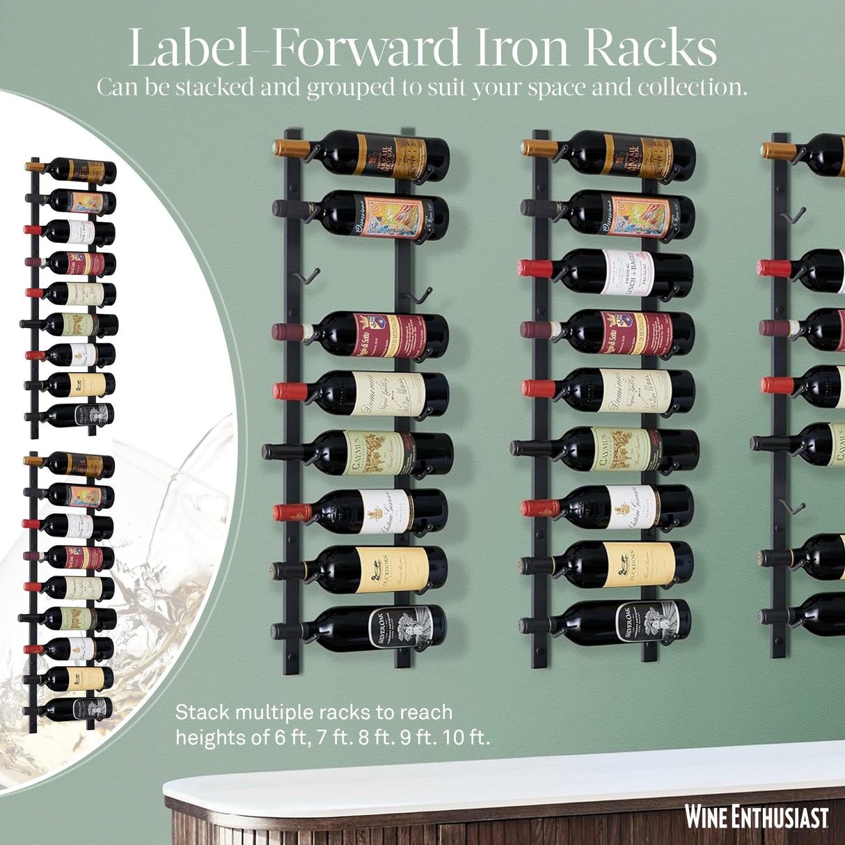 Wine Enthusiast N'FINITY 9 Bottle Wall Mounted Metal Wine Rack – Label Forward Wine Rack with Easy Installation - 3' Tall, 1 Column Deep (Black) Wine Enthusiast