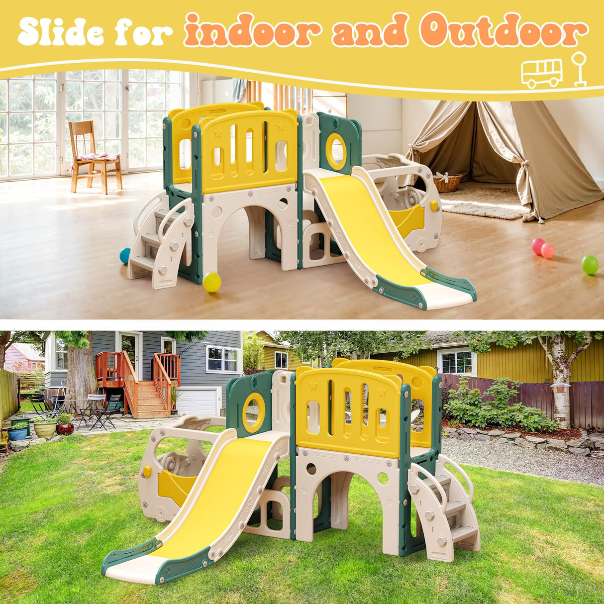 Toddler Slide Kids Slide Playset for Babies Bus Themed Toddler Playground with Climber Baskteball Hoop Indoor Playground Outdoor MOCUTEEN