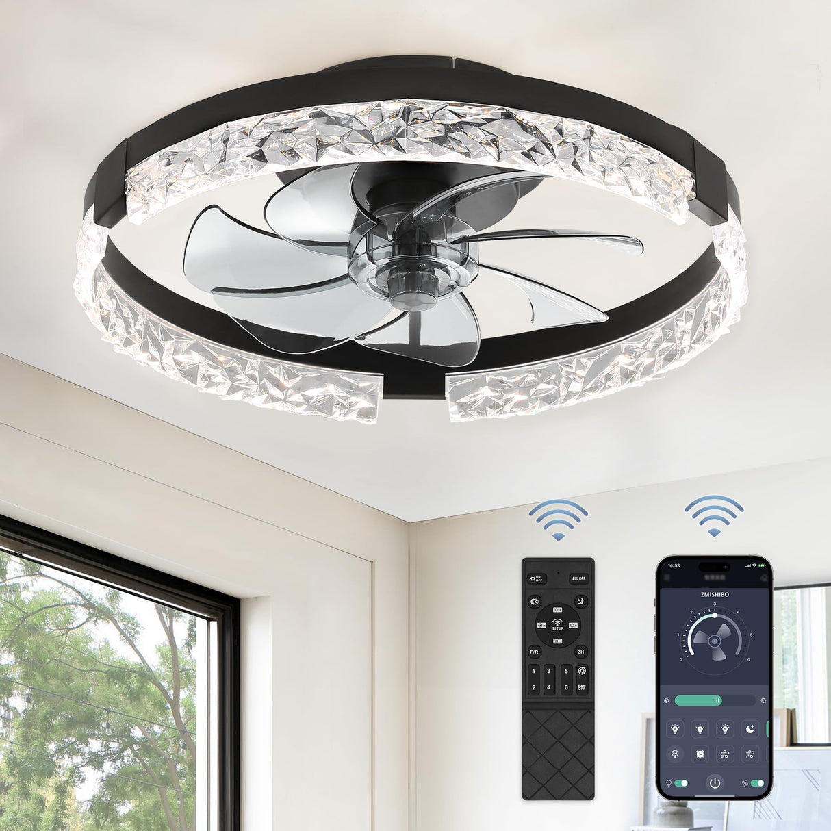 ZMISHIBO Ceiling Fans with Lights and Remote, 18 Inch Flush Mount Fan Light, 6 Speeds, 3CCT, Dimmable, Low Profile Ceiling Fan, Modern Ceiling Fan with Light for Bedroom and Living Room, Black ZMISHIBO