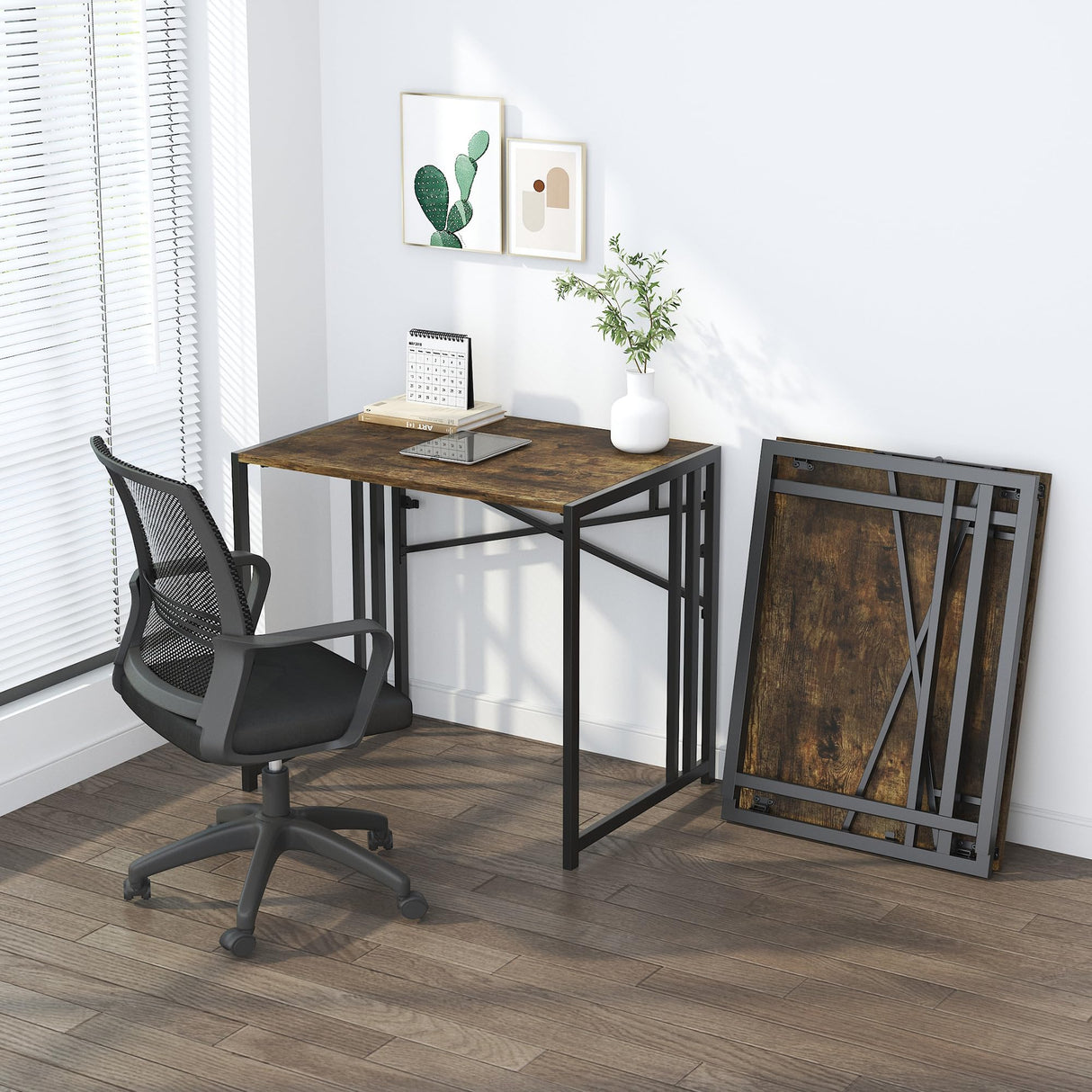 Lutown-Teen 32 inch Small Folding Computer Desk, Writing Gaming Computer Desk for Small Spaces, No Assembly Required Home Office Desk, Rustic Brown Lutown-Teen